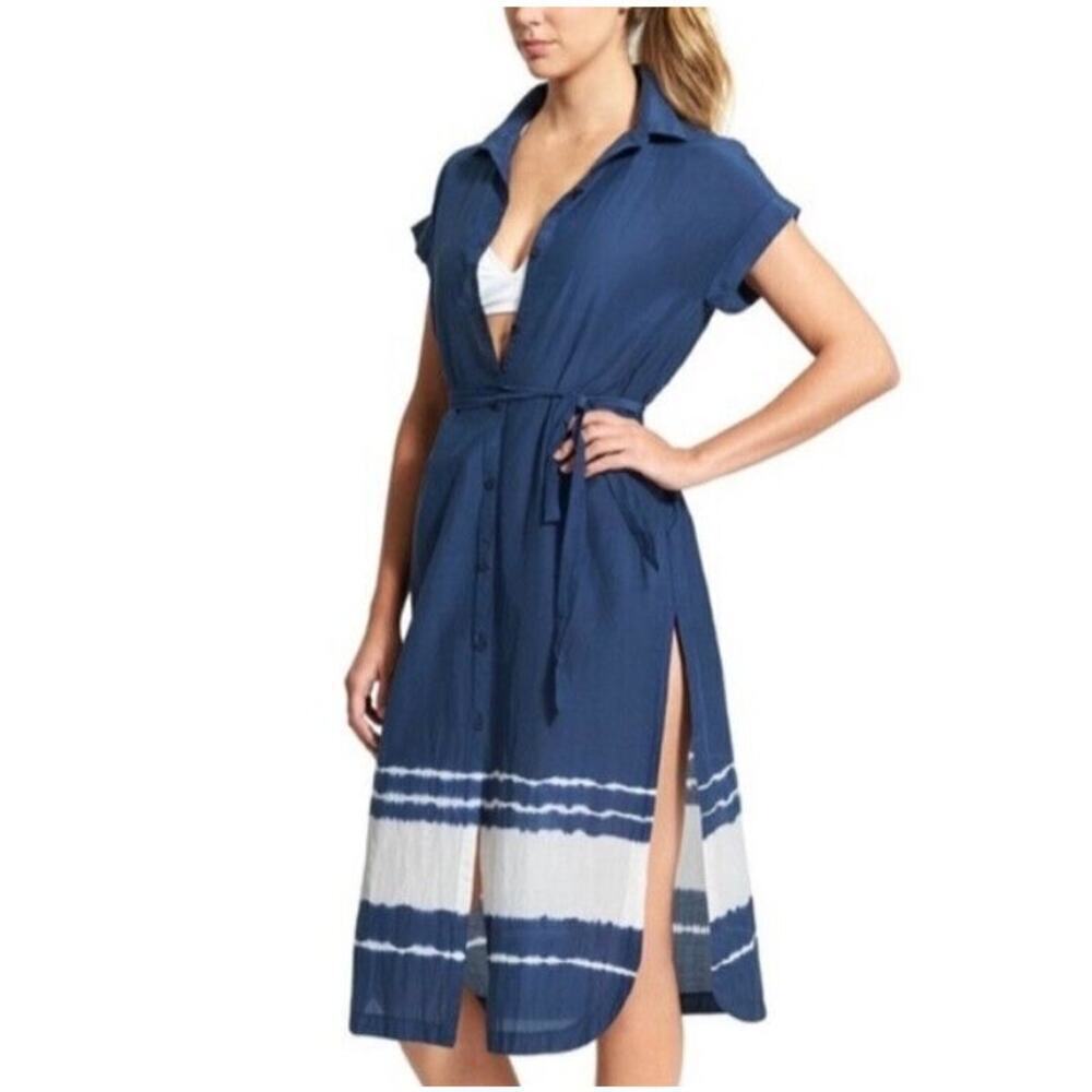 Small Athleta Island Hopper Swim Cover-Up Blue White Ombre Cotton/Silk 623606
